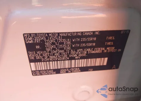 2015 Toyota Rav4 Limited z USA, uszkodzony, nr VIN 2T3YFREV3FW208534